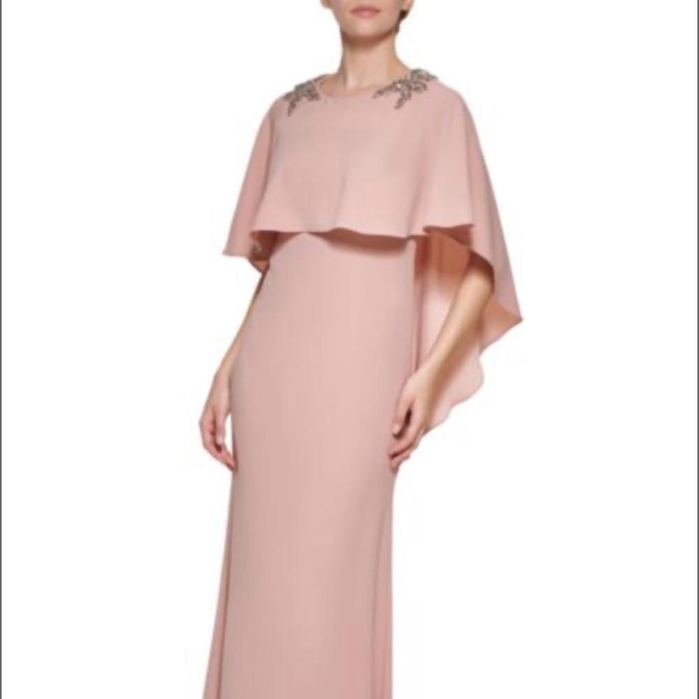 Vince Camuto Elegant Blush Pink Cape Column Evening Gown